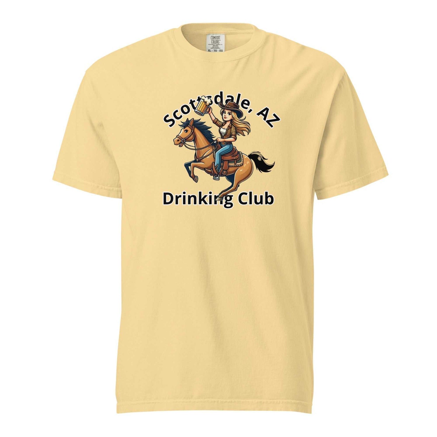 Unisex heavyweight cotton t-shirt with Scottsdale Cowgirl Horse Beer drinking club graphic