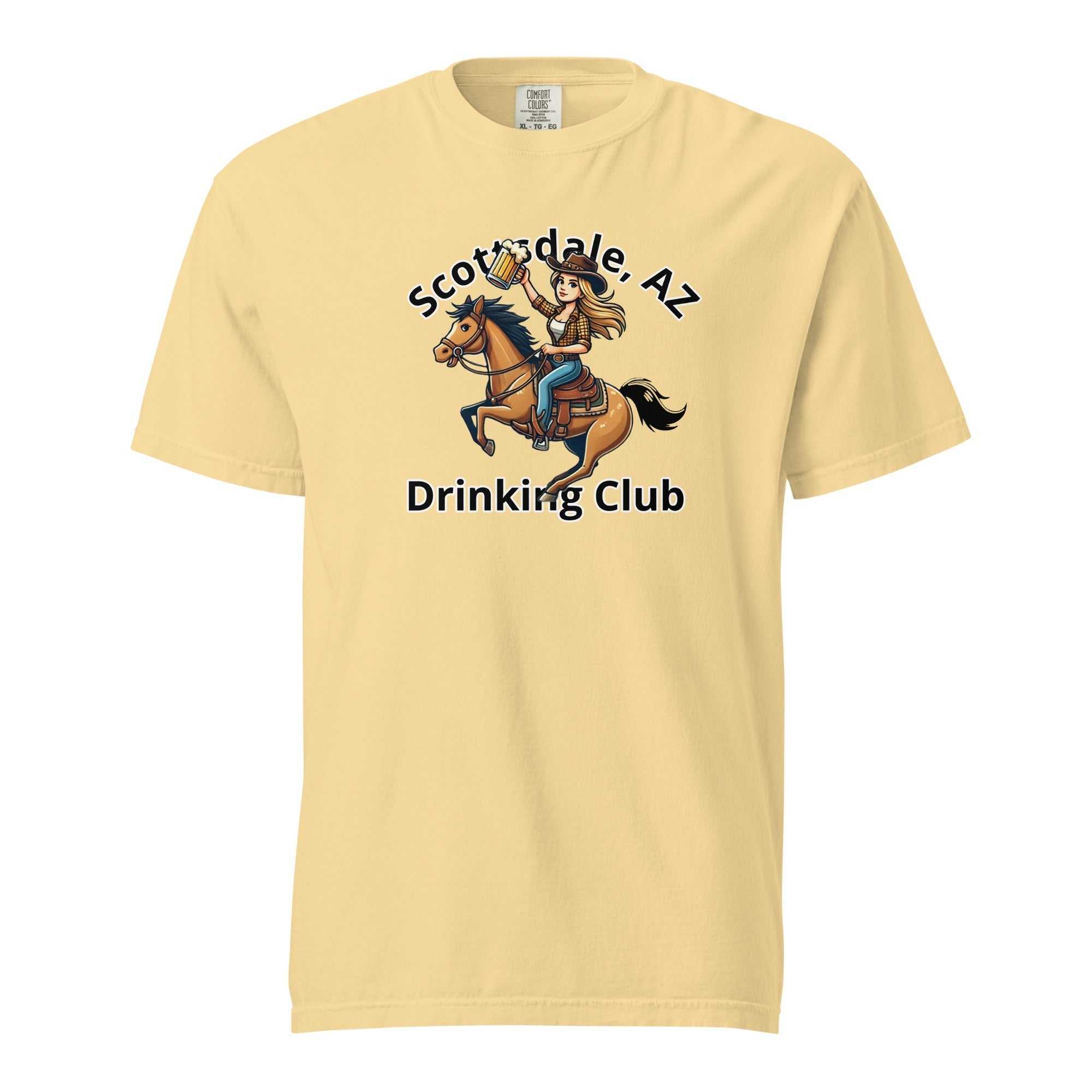 Unisex heavyweight cotton t-shirt with Scottsdale Cowgirl Horse Beer drinking club graphic
