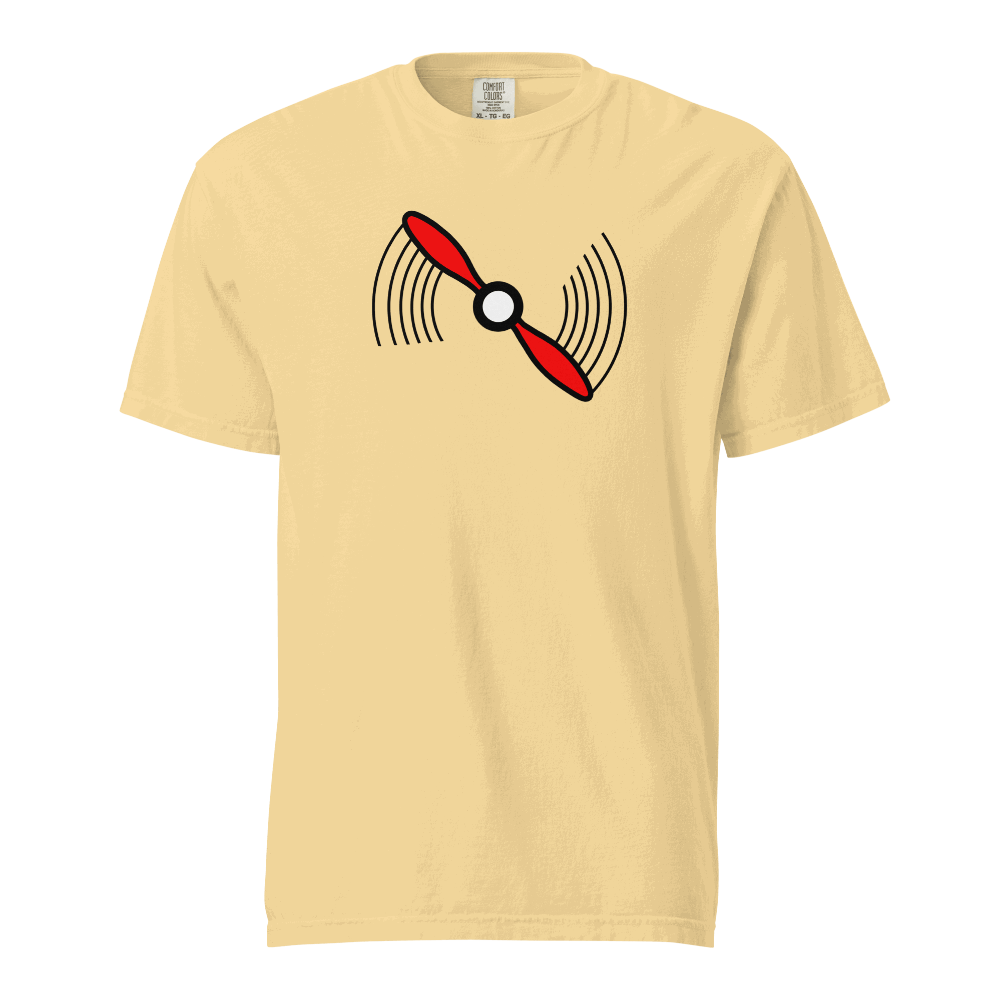 Beige Propeller T-Shirt with red propeller graphic, 100% ring-spun cotton, unisex heavyweight breathable tee