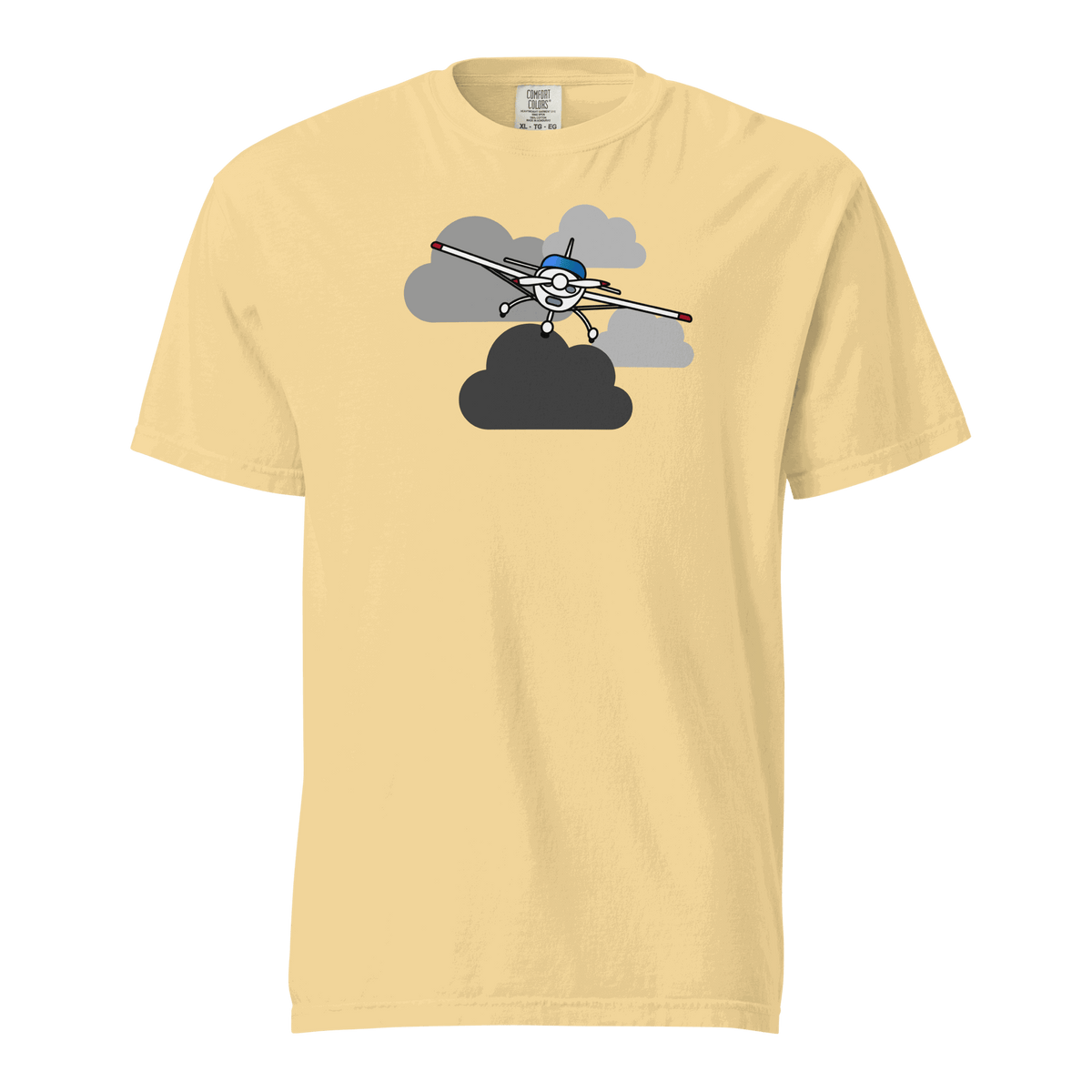 Vintage Airplane T-Shirt featuring a prop plane flying in the clouds, unisex garment-dyed cotton tee