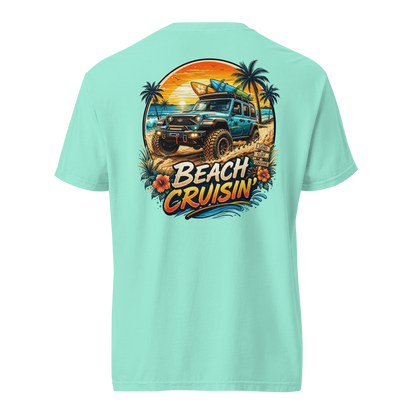 Unisex beach cruisin t-shirt featuring a vibrant graphic of a truck and palm trees, perfect for beach lovers.