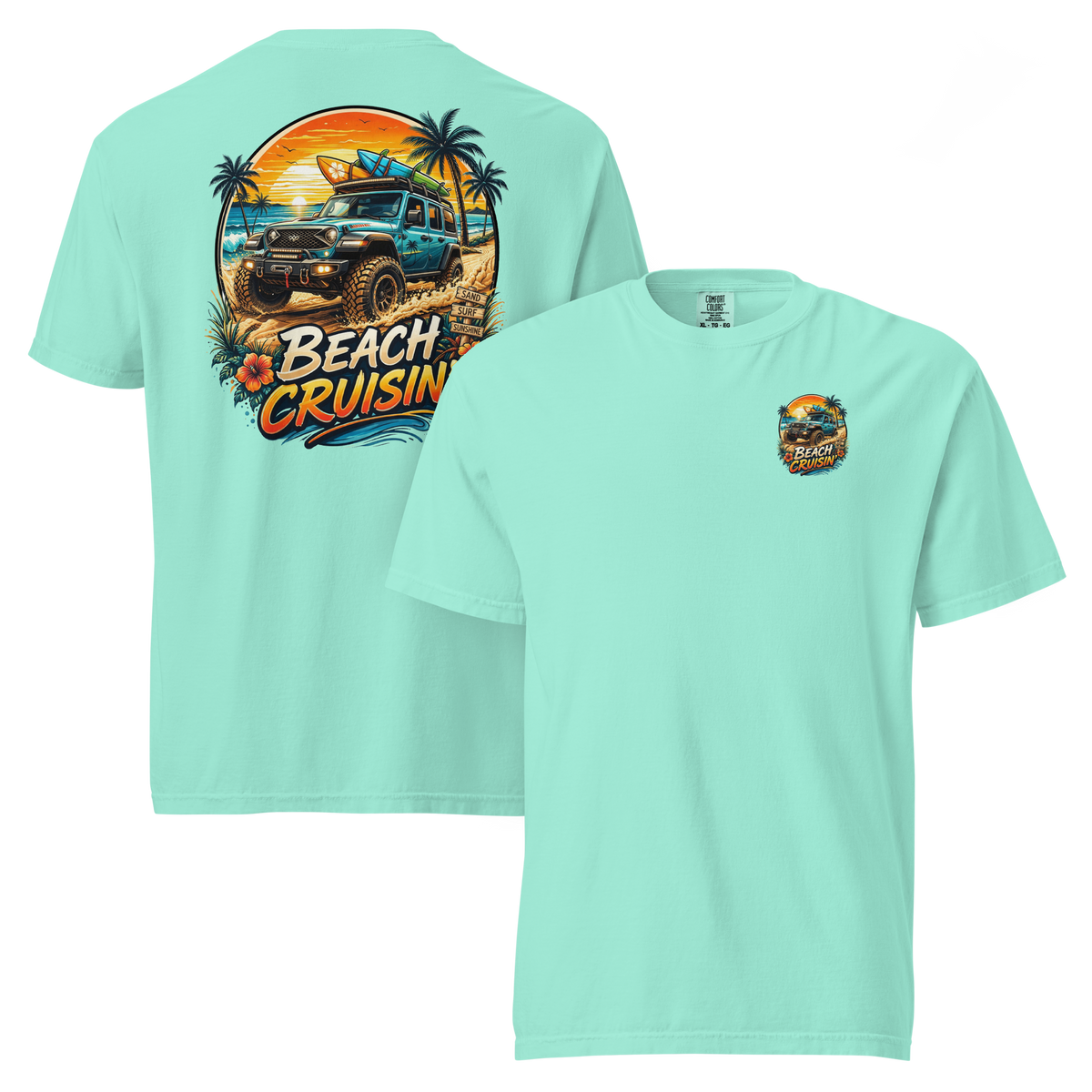 Unisex beach cruisin t-shirt featuring vibrant beach-themed graphics on a mint green background.