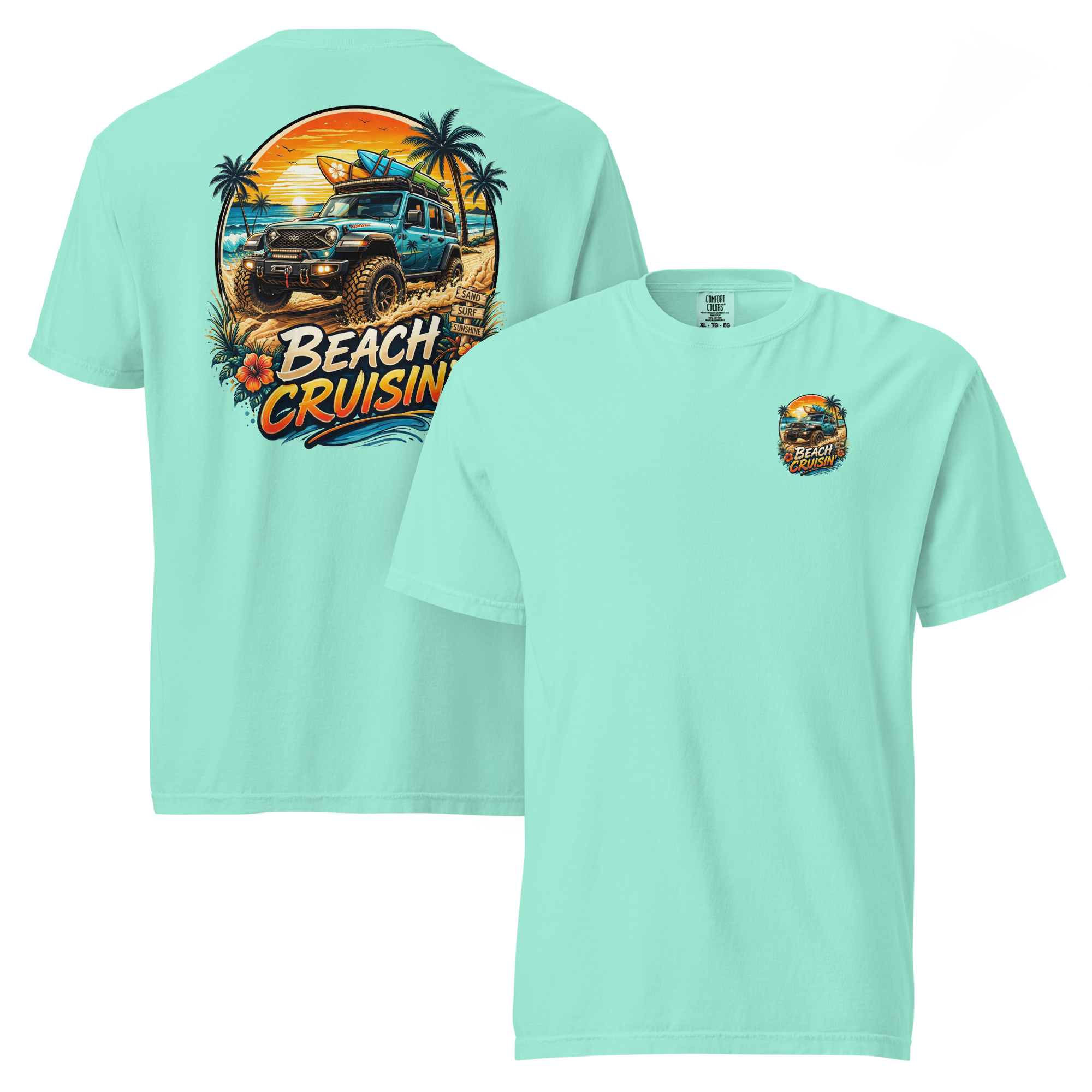 Unisex beach cruisin t-shirt featuring vibrant beach-themed graphics on a mint green background.