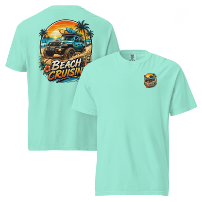 Unisex beach cruisin t-shirt featuring vibrant beach-themed graphics on a mint green background.