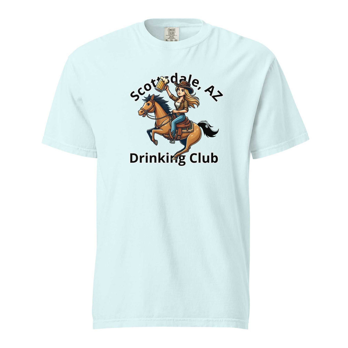 Scottsdale Cowgirl Horse Beer unisex heavyweight t-shirt in white with horse and beer graphic design