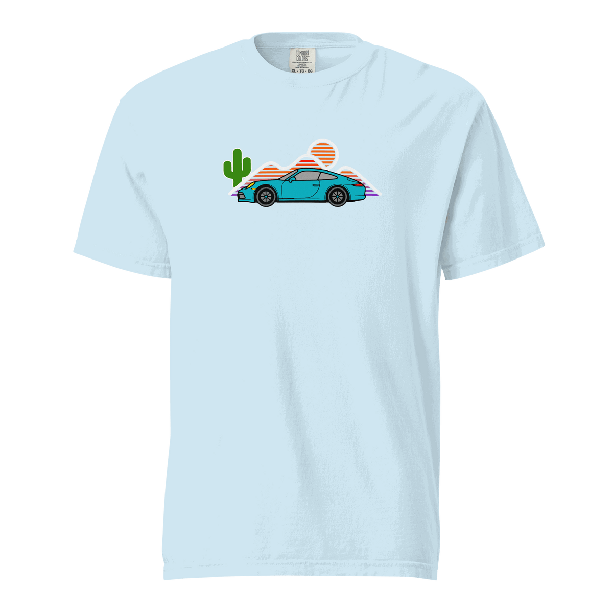 Sports car sunset graphic on a soft t-shirt with vintage car and warm sunset colors
