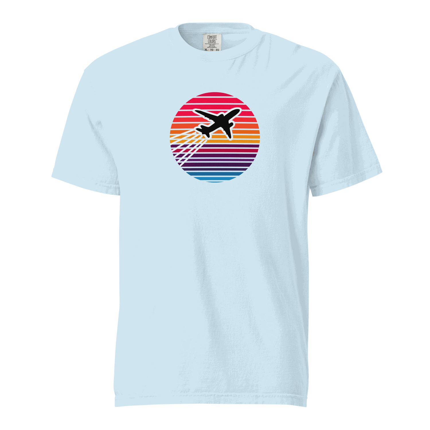 Unisex heavyweight cotton t-shirt with Sunset Flight airplane graphic and garment-dyed finish