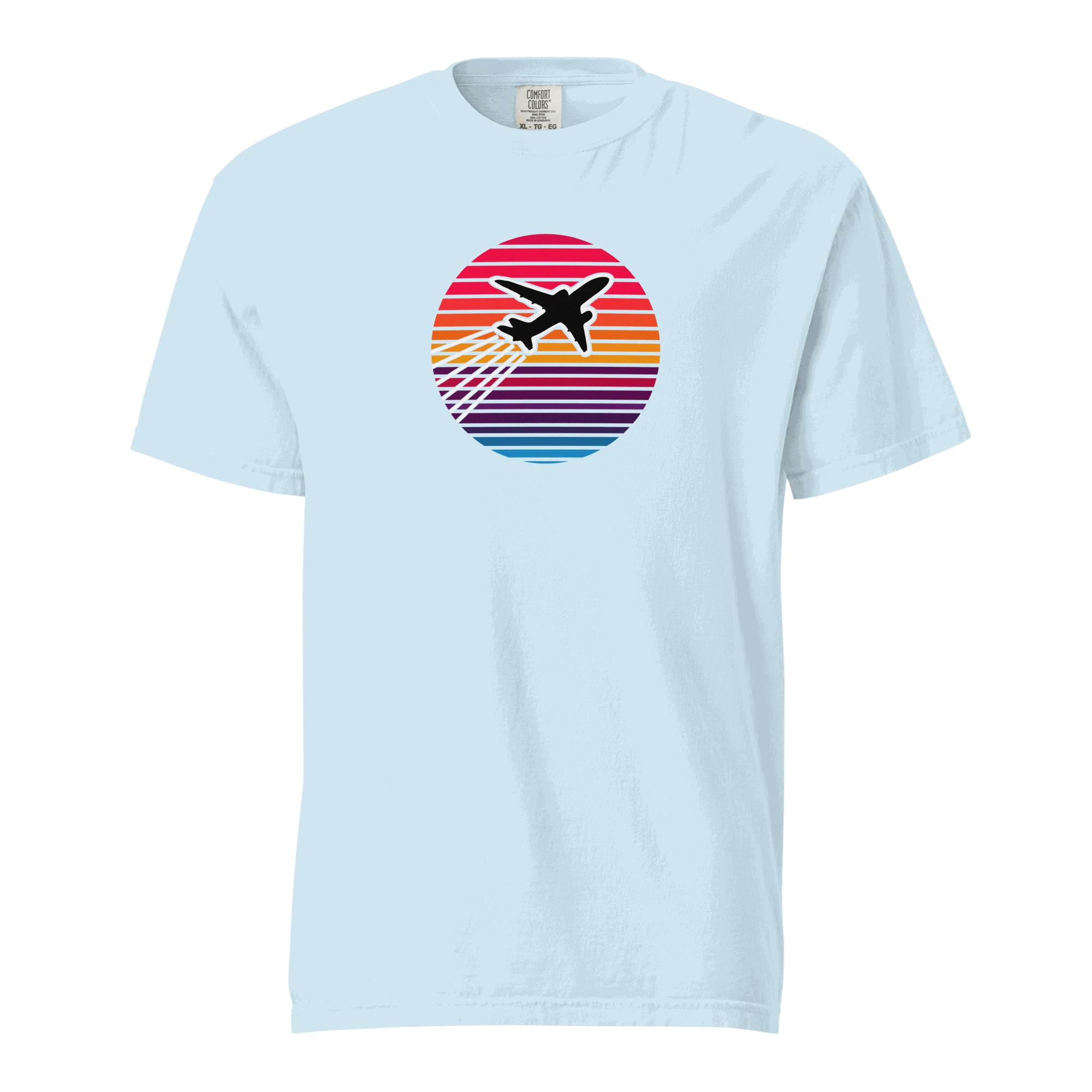 Unisex heavyweight cotton t-shirt with Sunset Flight airplane graphic and garment-dyed finish