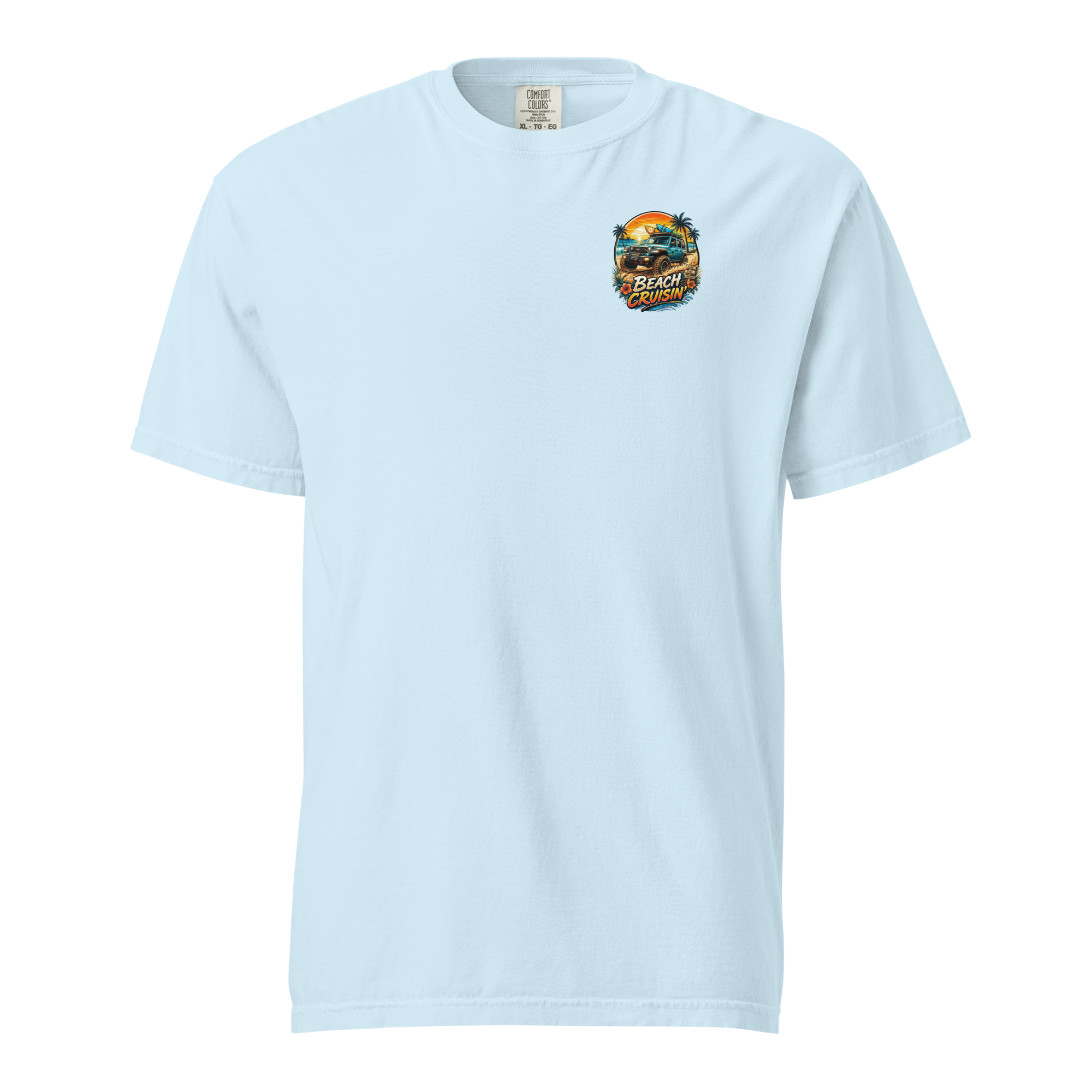 Unisex beach cruisin t-shirt in light blue with colorful beach-themed graphic.