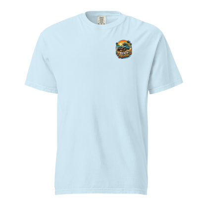Unisex beach cruisin t-shirt in light blue with colorful beach-themed graphic.