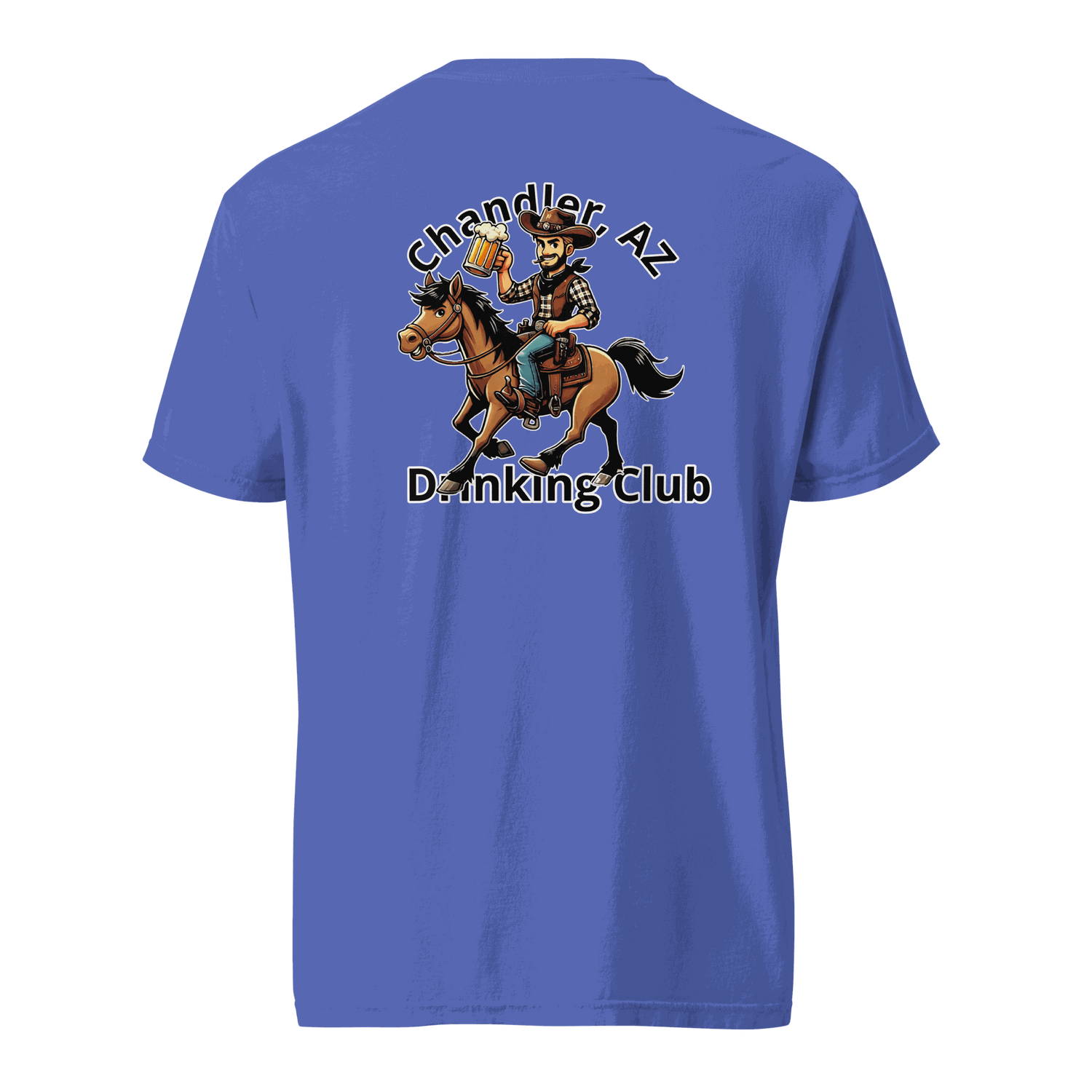 Blue Custom City Cowboy Horse Beer unisex heavyweight t-shirt with cowboy on horse holding beer design on back