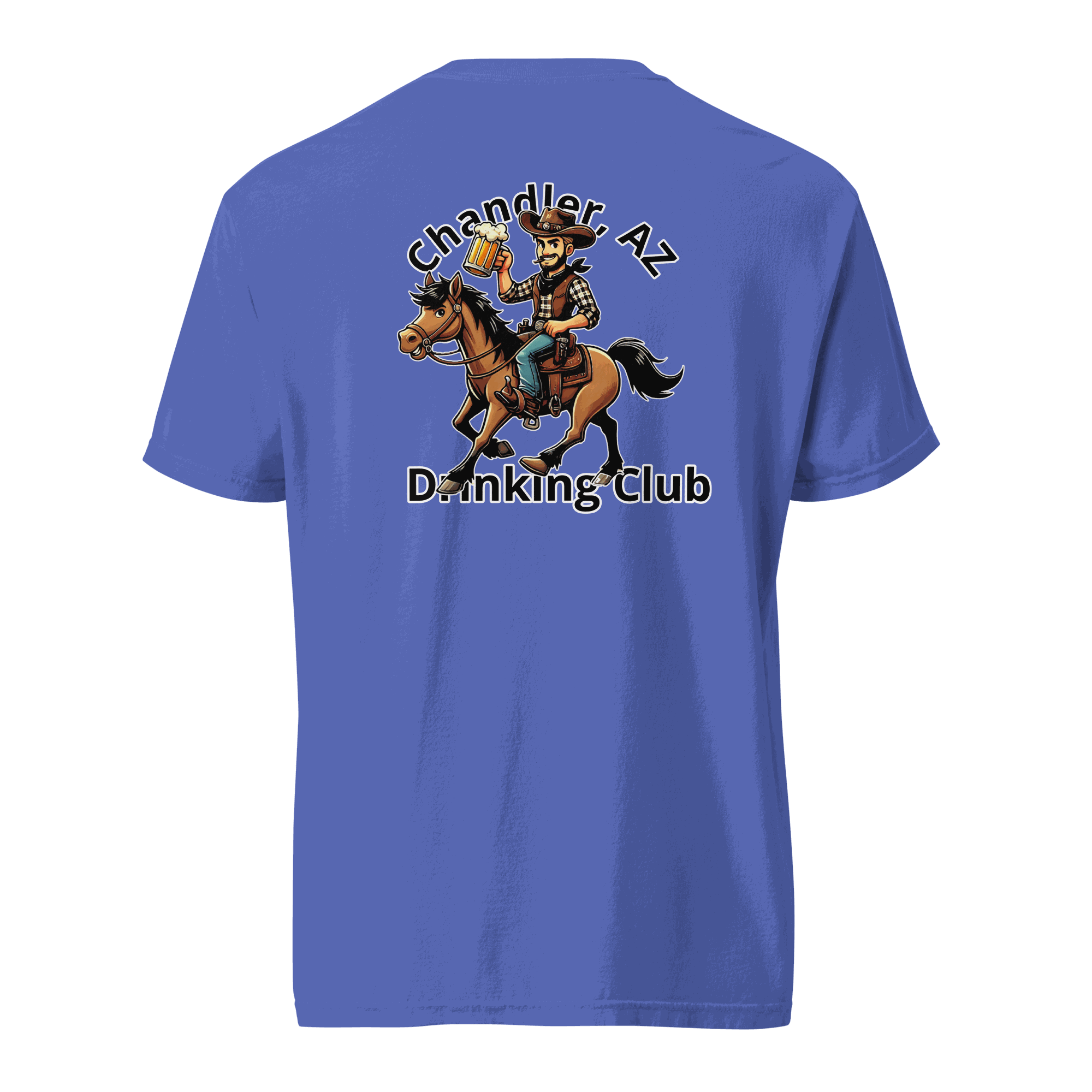 Blue Custom City Cowboy Horse Beer unisex heavyweight t-shirt with cowboy on horse holding beer design on back
