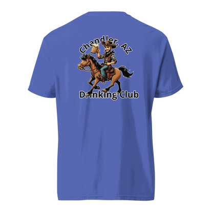 Blue Custom City Cowboy Horse Beer unisex heavyweight t-shirt with cowboy on horse holding beer design on back