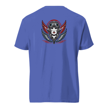 Blue t-shirt with female wings helmet graphic on the back, made of 100% ring-spun cotton, garment-dyed with a relaxed fit