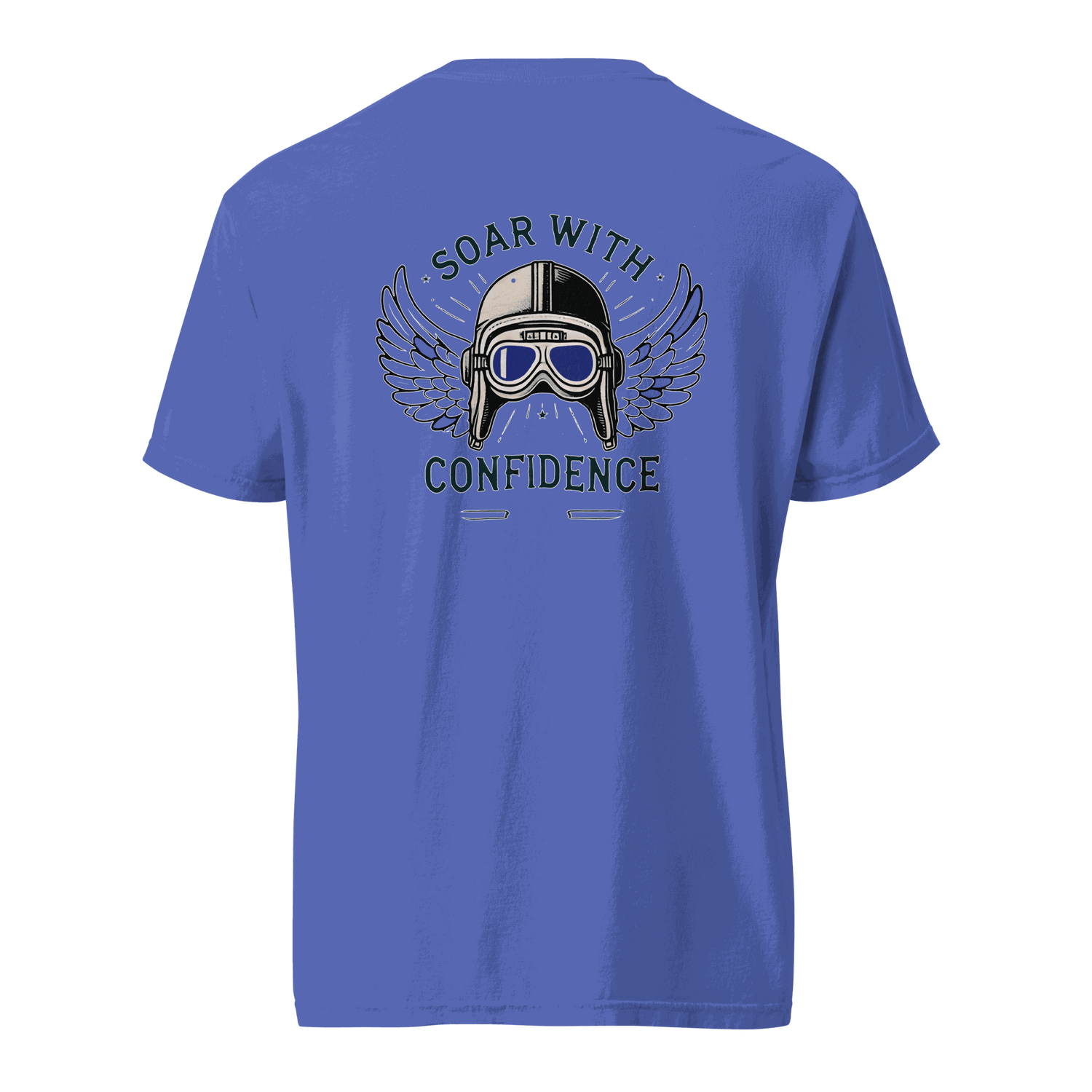 Blue Flying Machine t-shirt with aviator helmet and goggles graphic, &quot;Soar with Confidence&quot; text, made of 100% ring-spun cotton.