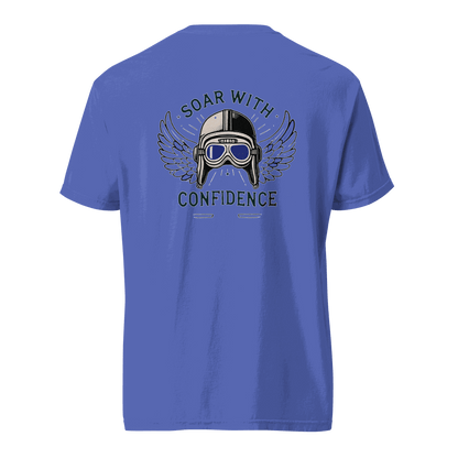 Blue Flying Machine t-shirt with aviator helmet and goggles graphic, &quot;Soar with Confidence&quot; text, made of 100% ring-spun cotton.
