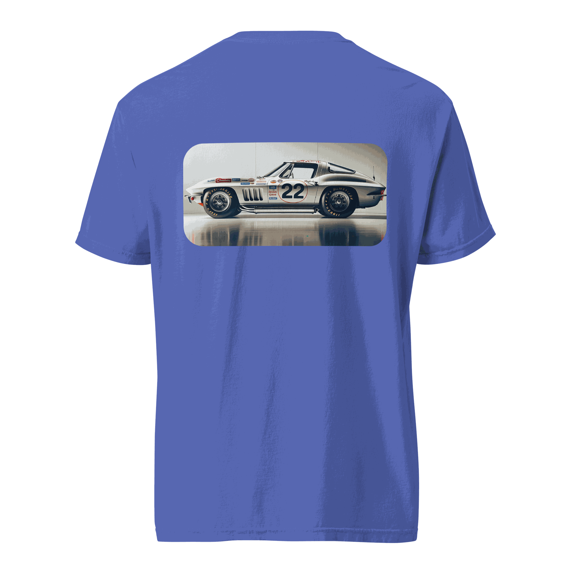 Blue Heritage Classic Car t-shirt with vintage race car graphic on the back, made of 100% ring-spun cotton.