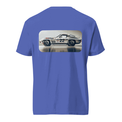 Blue Heritage Classic Car t-shirt with vintage race car graphic on the back, made of 100% ring-spun cotton.