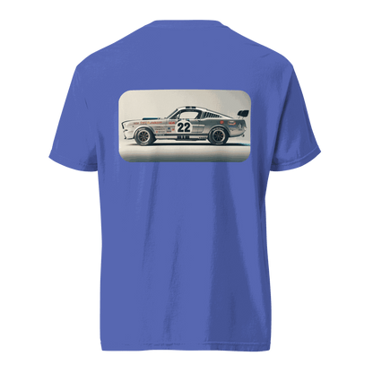 Blue Heritage Mustang Back T-Shirt with vintage race car print on back, 100% ring-spun cotton, heavyweight and breathable