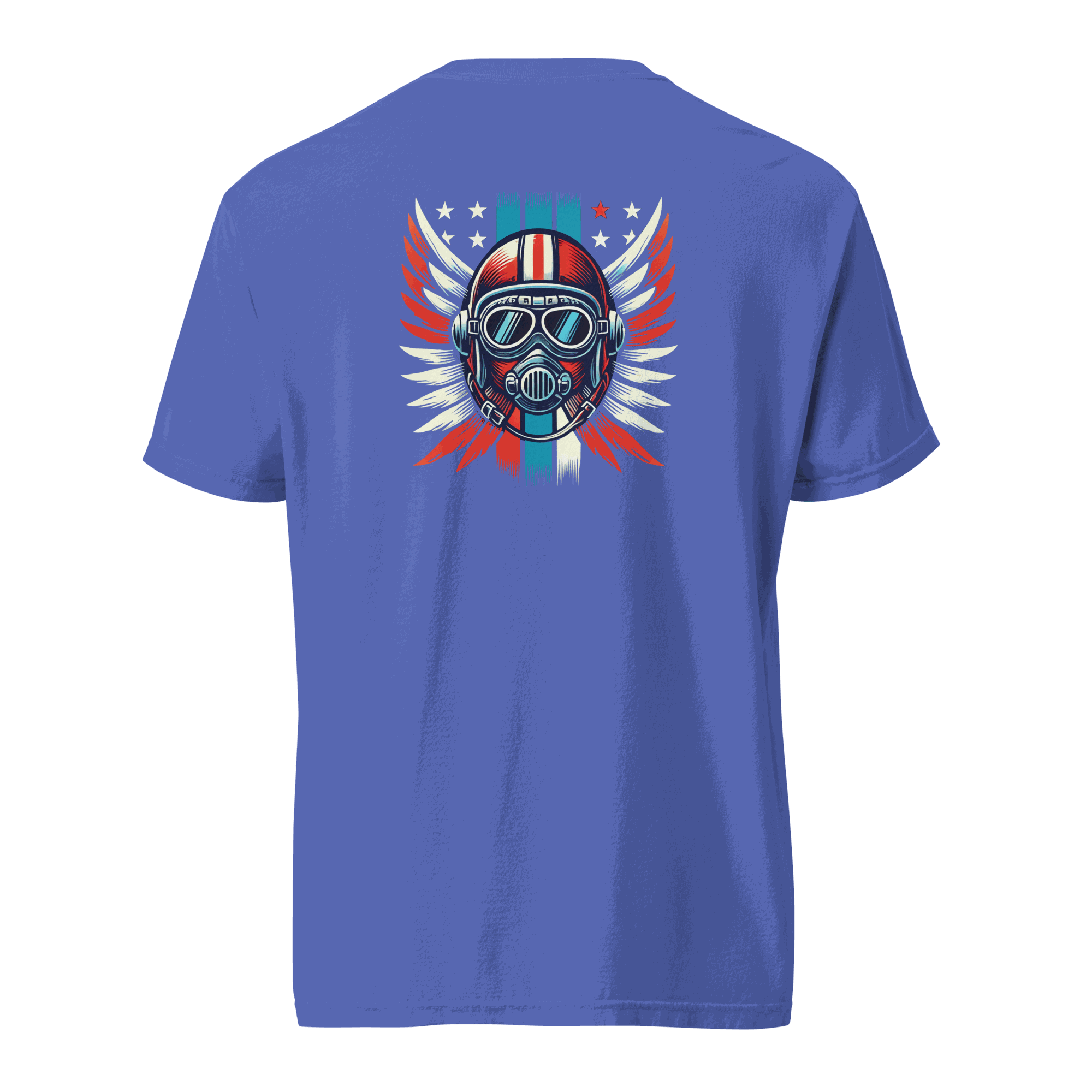 Blue t-shirt with Red White Blue Helmet graphic and wing design on back, unisex cotton tee