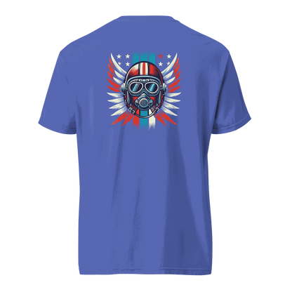 Blue t-shirt with Red White Blue Helmet graphic and wing design on back, unisex cotton tee