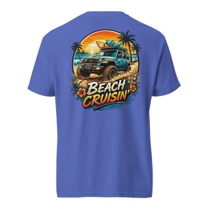 Unisex beach cruisin t-shirt featuring a vibrant graphic of a truck, palm trees, and a surfboard on the back.