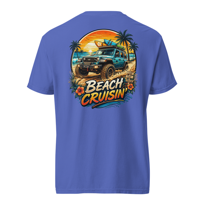 Unisex beach cruisin t-shirt featuring a vibrant graphic of a truck, palm trees, and a surfboard on the back.