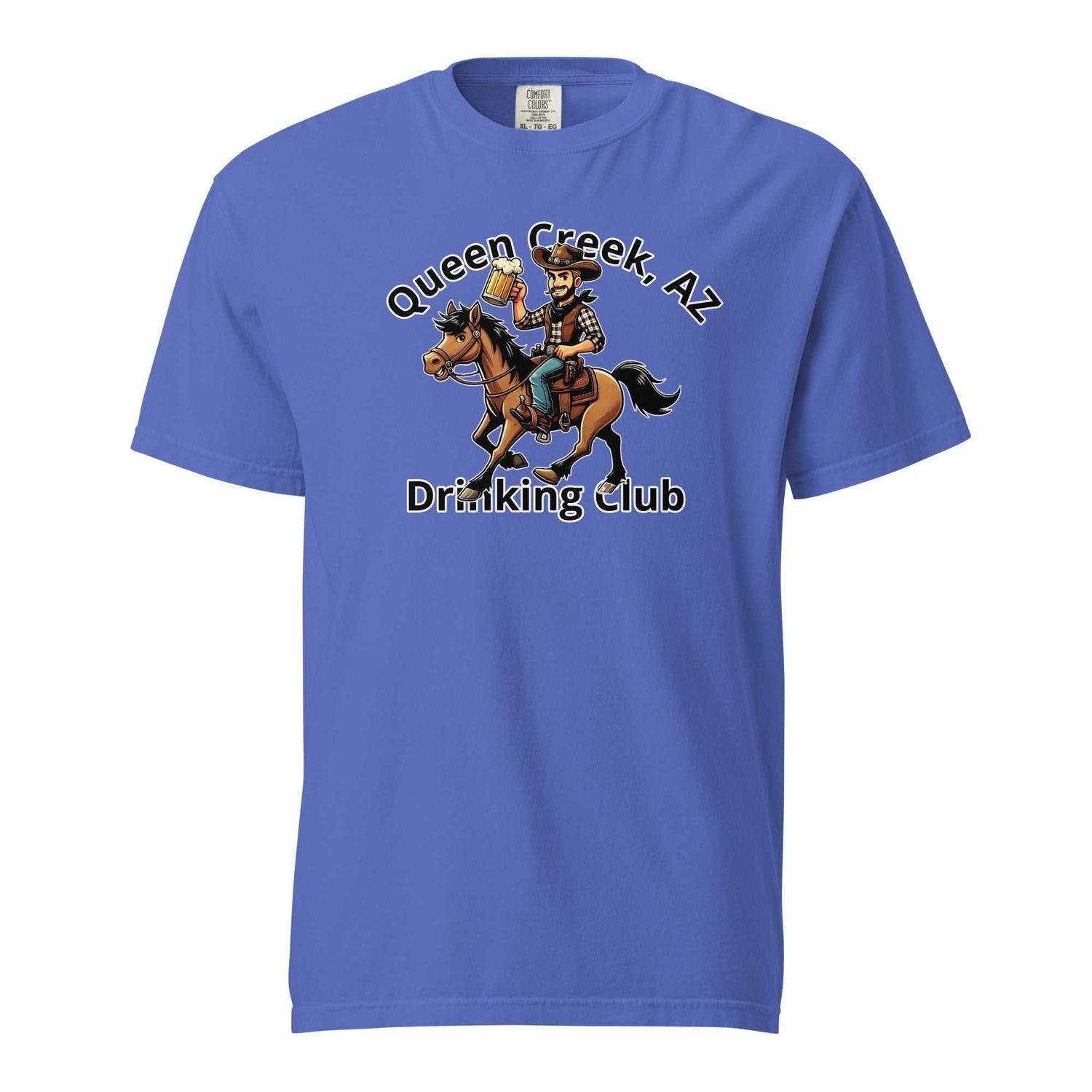 Queen Creek AZ Cowboy Drinking Club heavyweight unisex t-shirt with cowboy graphic on blue cotton fabric