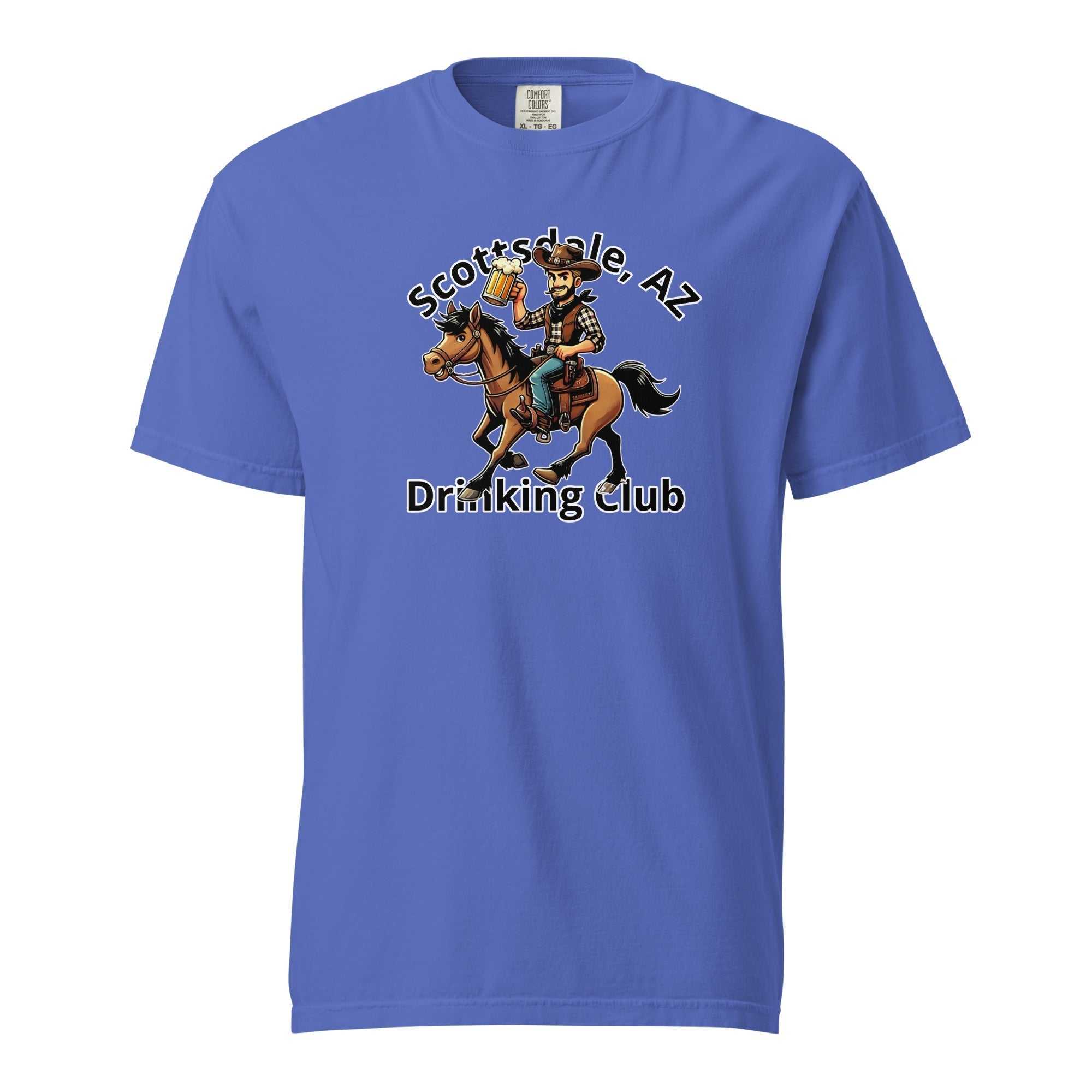 Scottsdale Cowboy Horse Beer drinking club graphic on blue heavyweight unisex t-shirt