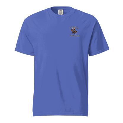 Custom City Cowboy Horse Beer unisex heavyweight blue t-shirt with cowboy and beer graphic design