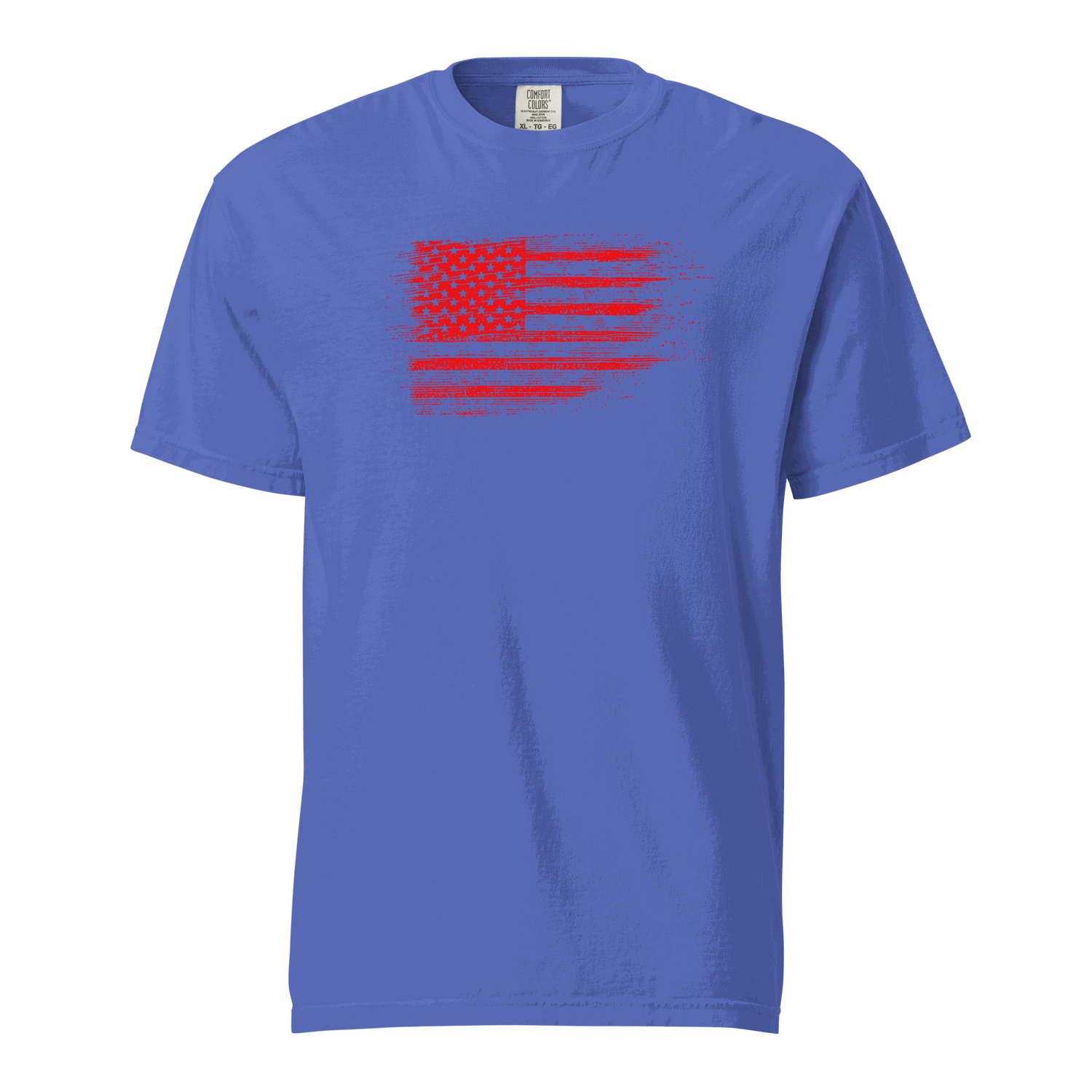 Unisex heavyweight t-shirt with distressed USA flag design in red on a blue garment-dyed 100% cotton fabric