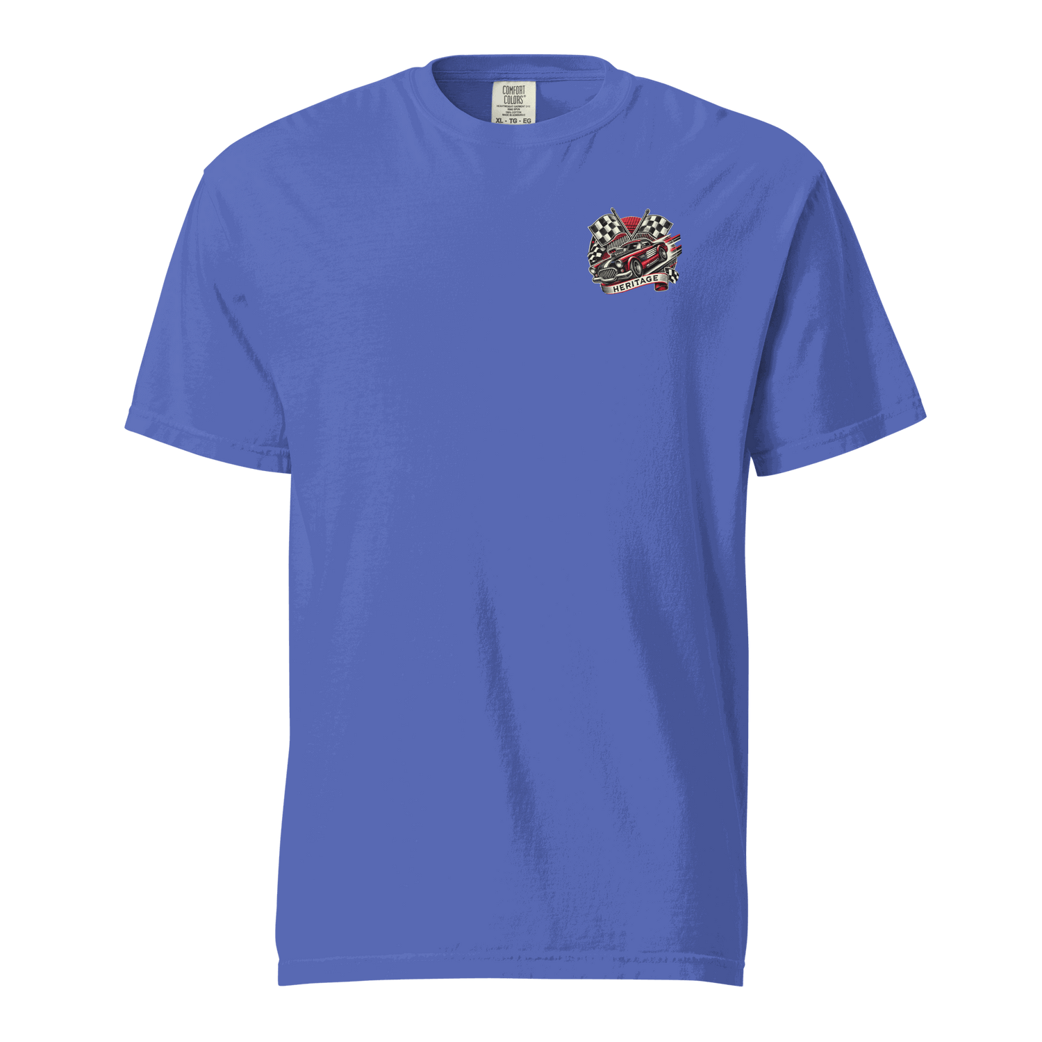 Heritage Classic Car blue heavyweight unisex cotton t-shirt with vintage car and checkered flags design