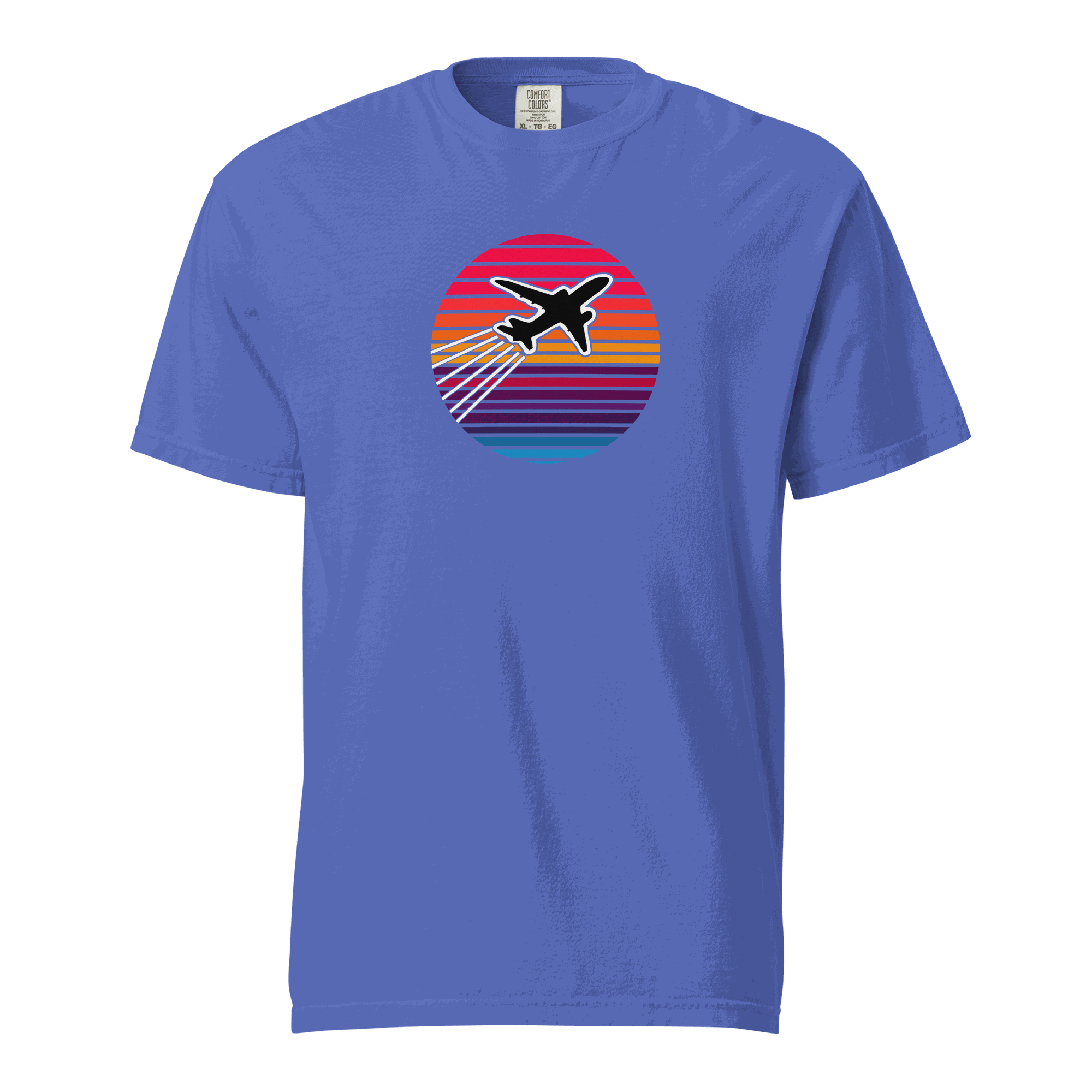 Sunset Flight unisex garment-dyed heavyweight t-shirt with airplane graphic and sunset stripes on blue cotton fabric