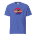 Sunset Flight unisex garment-dyed heavyweight t-shirt with airplane graphic and sunset stripes on blue cotton fabric