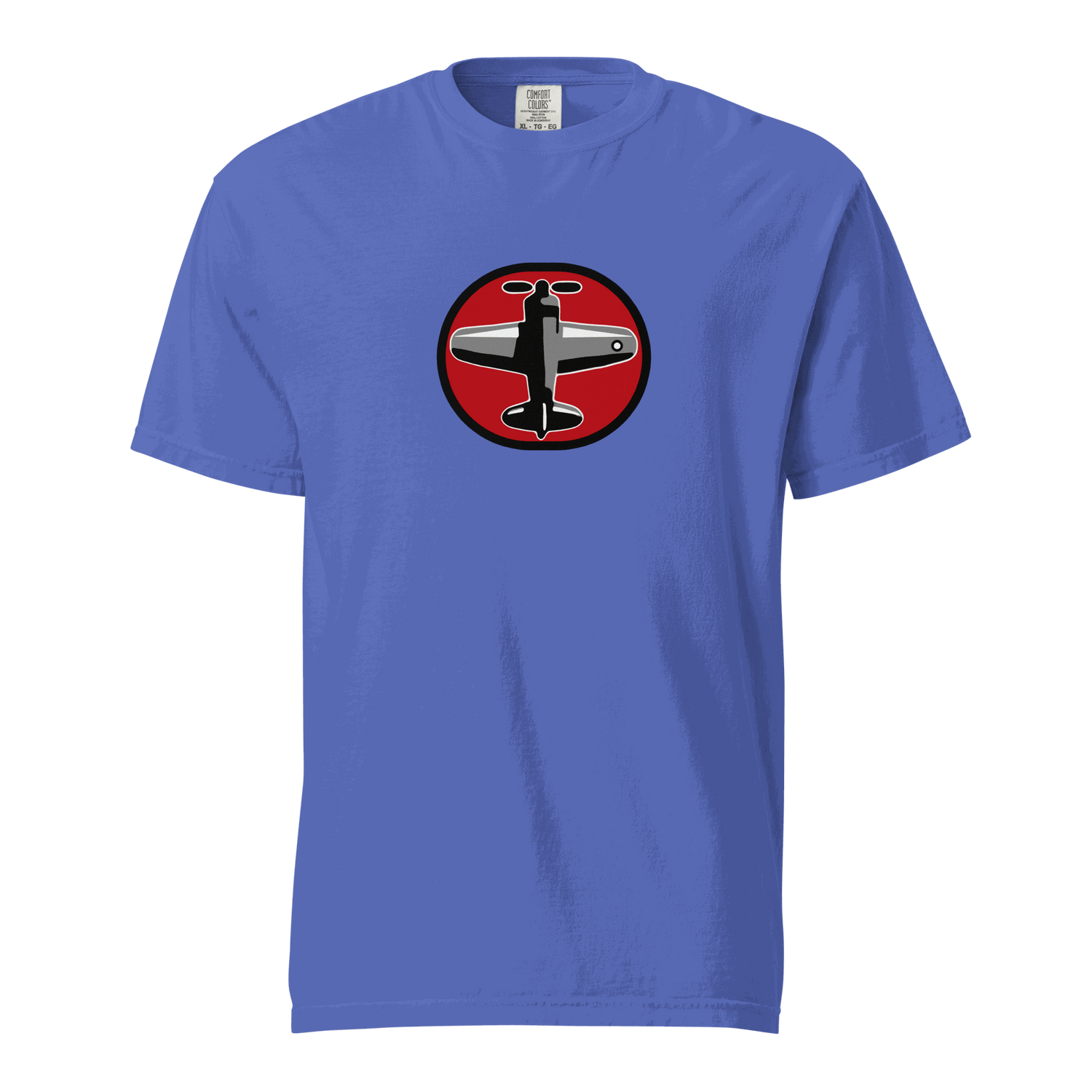 Prop 1 Unisex garment-dyed heavyweight t-shirt in blue with airplane graphic, made of 100% ring-spun cotton, relaxed fit, durable stitching