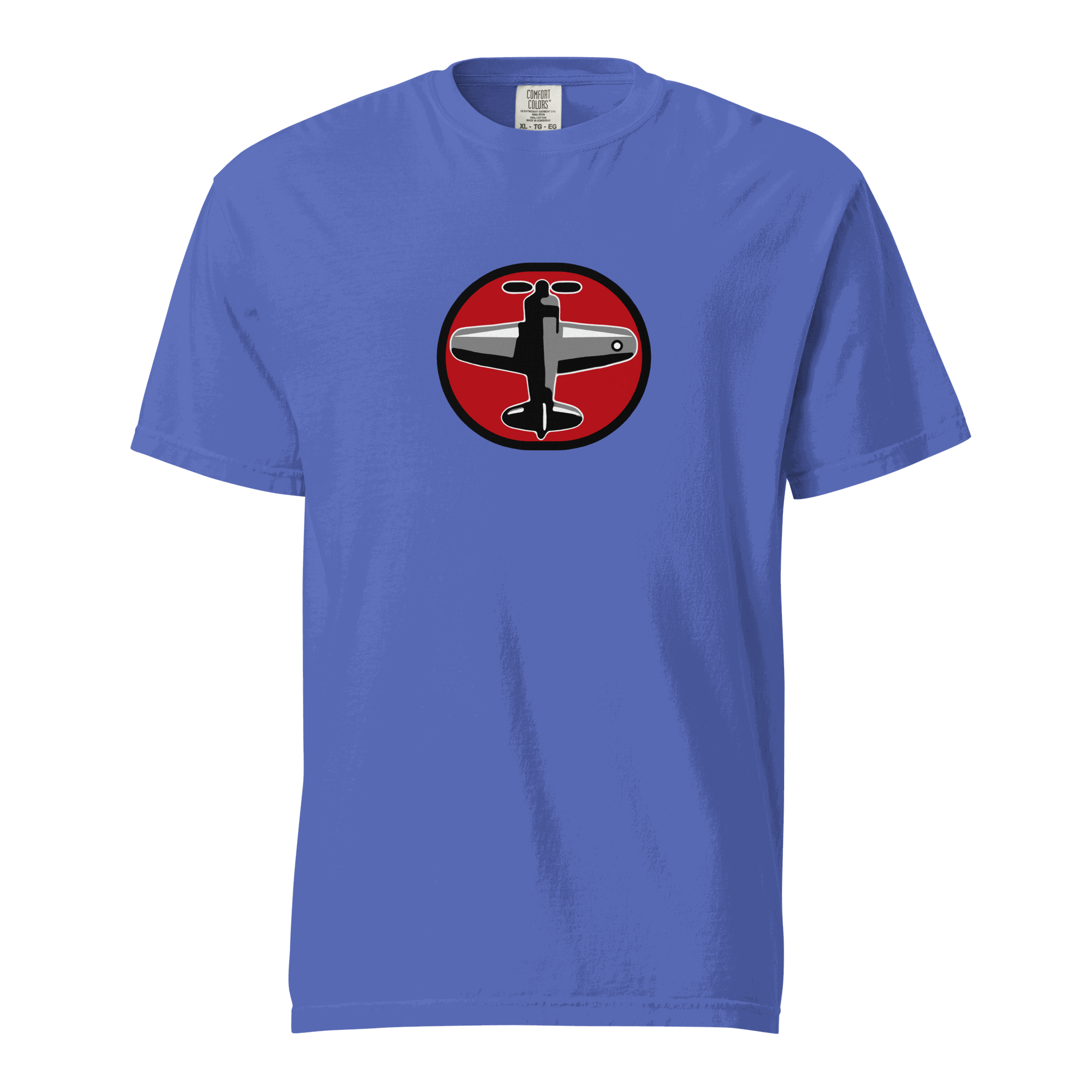 Prop 1 Unisex garment-dyed heavyweight t-shirt in blue with airplane graphic, made of 100% ring-spun cotton, relaxed fit, durable stitching