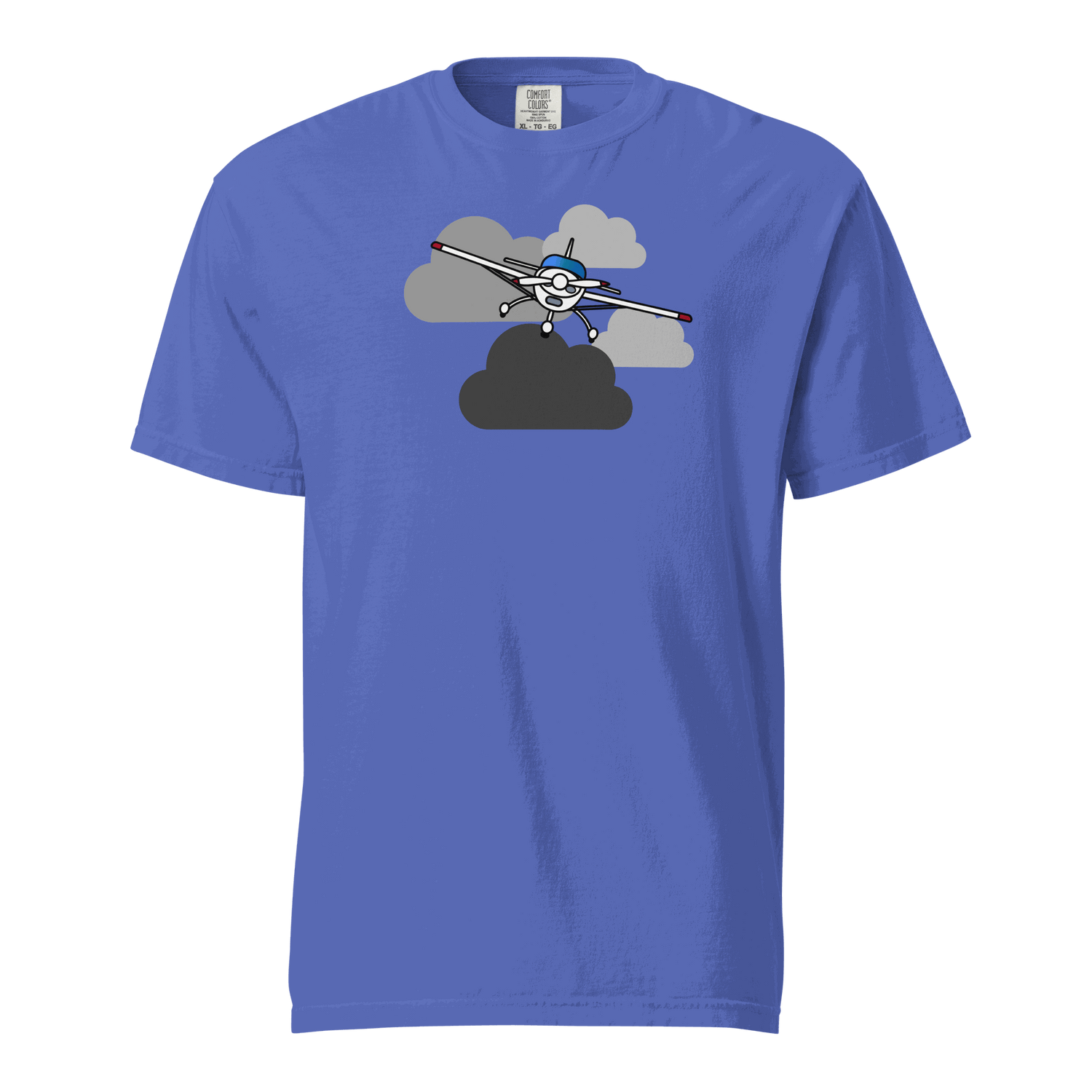 Blue unisex vintage airplane t-shirt with prop plane graphic in the clouds design