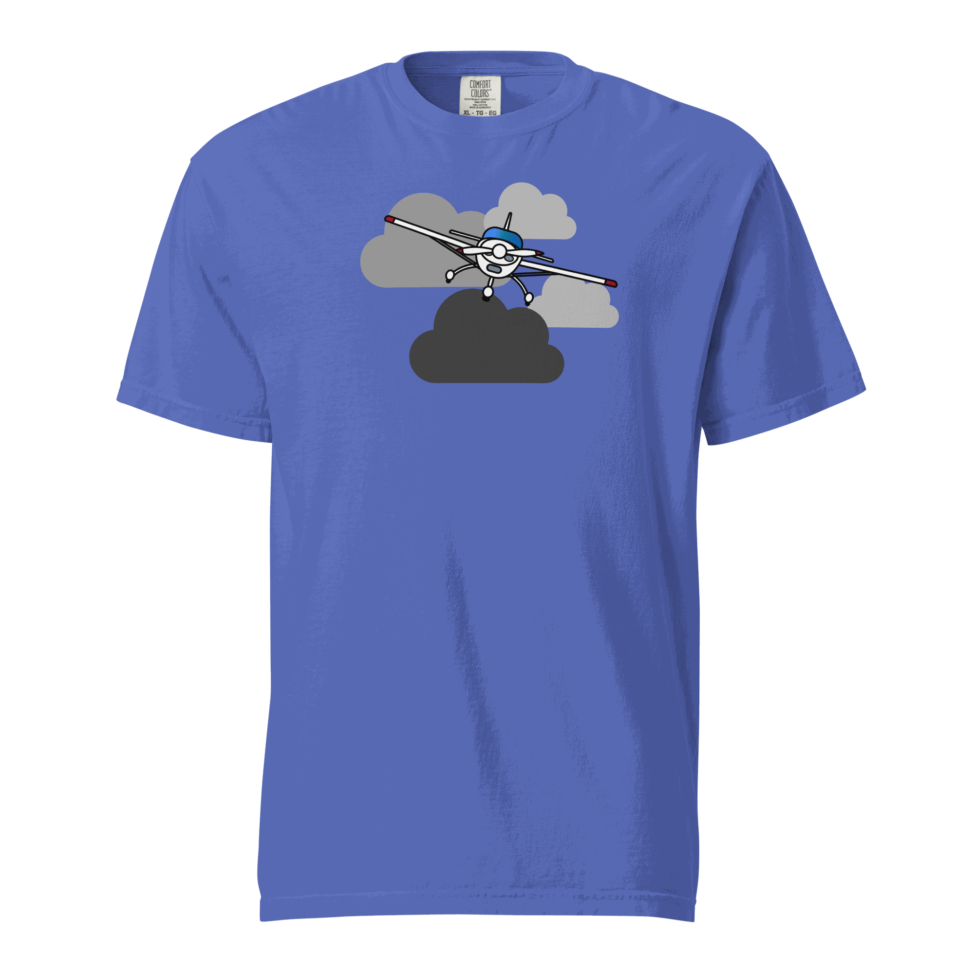 Blue unisex vintage airplane t-shirt with prop plane graphic in the clouds design