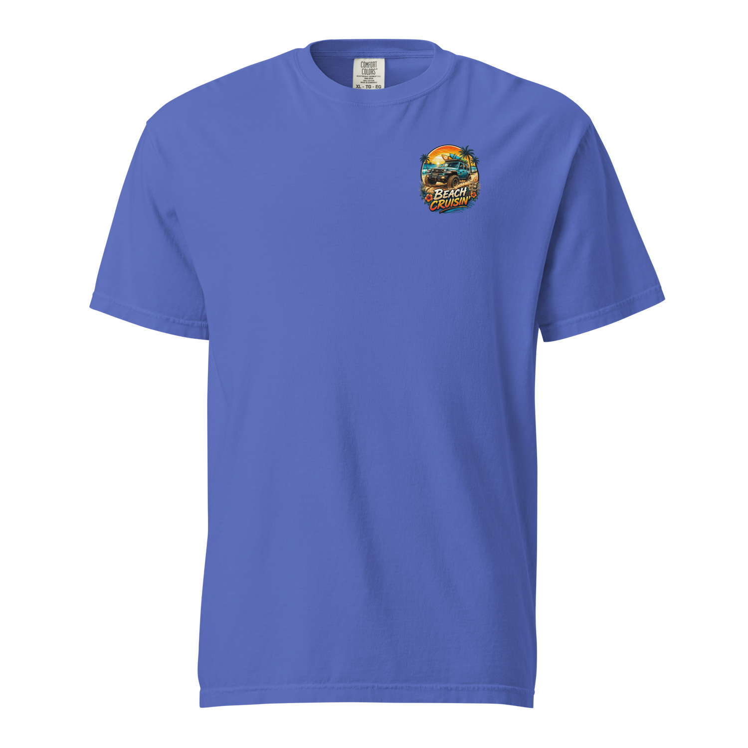 Unisex beach cruisin t-shirt in blue color featuring a colorful beach graphic on the front.