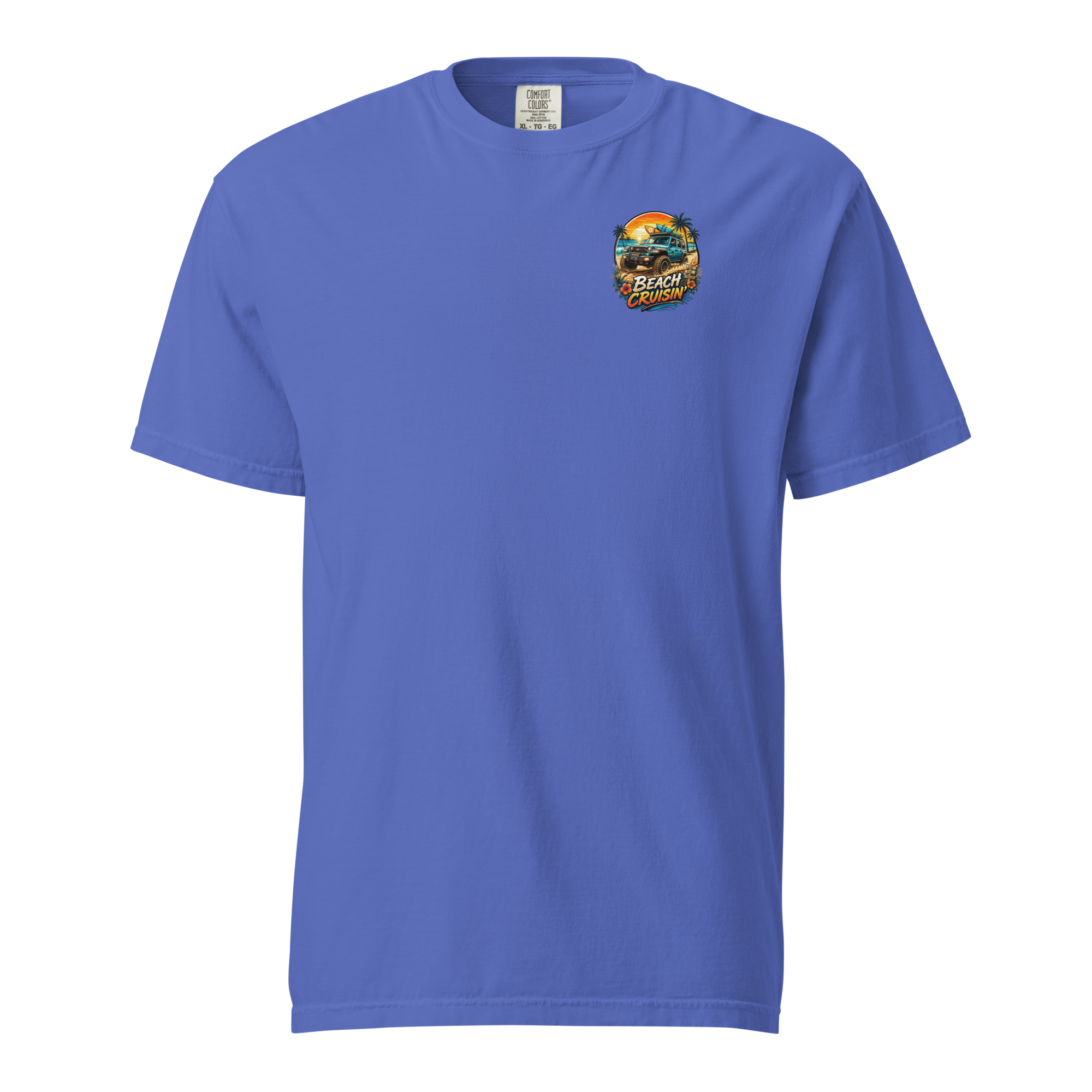 Unisex beach cruisin t-shirt in blue color featuring a colorful beach graphic on the front.
