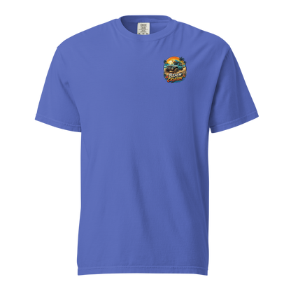 Unisex beach cruisin t-shirt in blue color featuring a colorful beach graphic on the front.