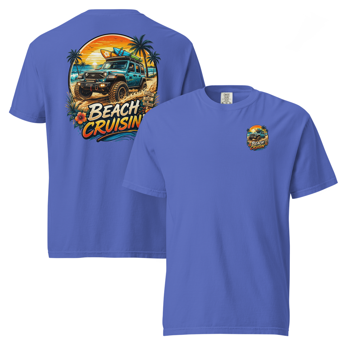 Unisex beach cruisin t-shirt featuring vibrant beach graphics and relaxed fit in blue