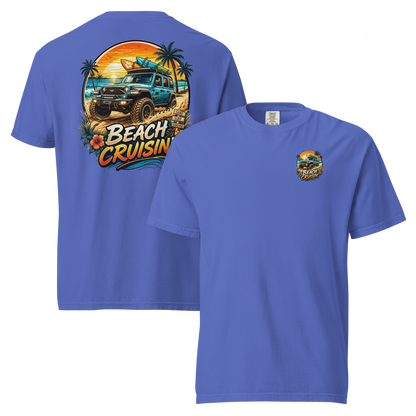 Unisex beach cruisin t-shirt featuring vibrant beach graphics and relaxed fit in blue