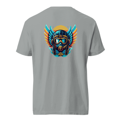 Gray t-shirt with blue and orange flight helmet graphic on back