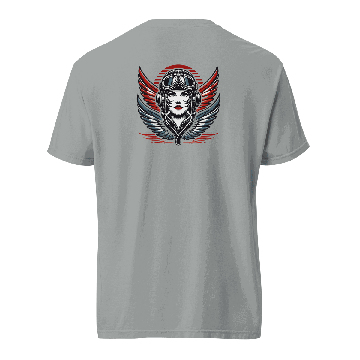Unisex thick cotton t-shirt featuring female wings helmet design, breathable and durable tee