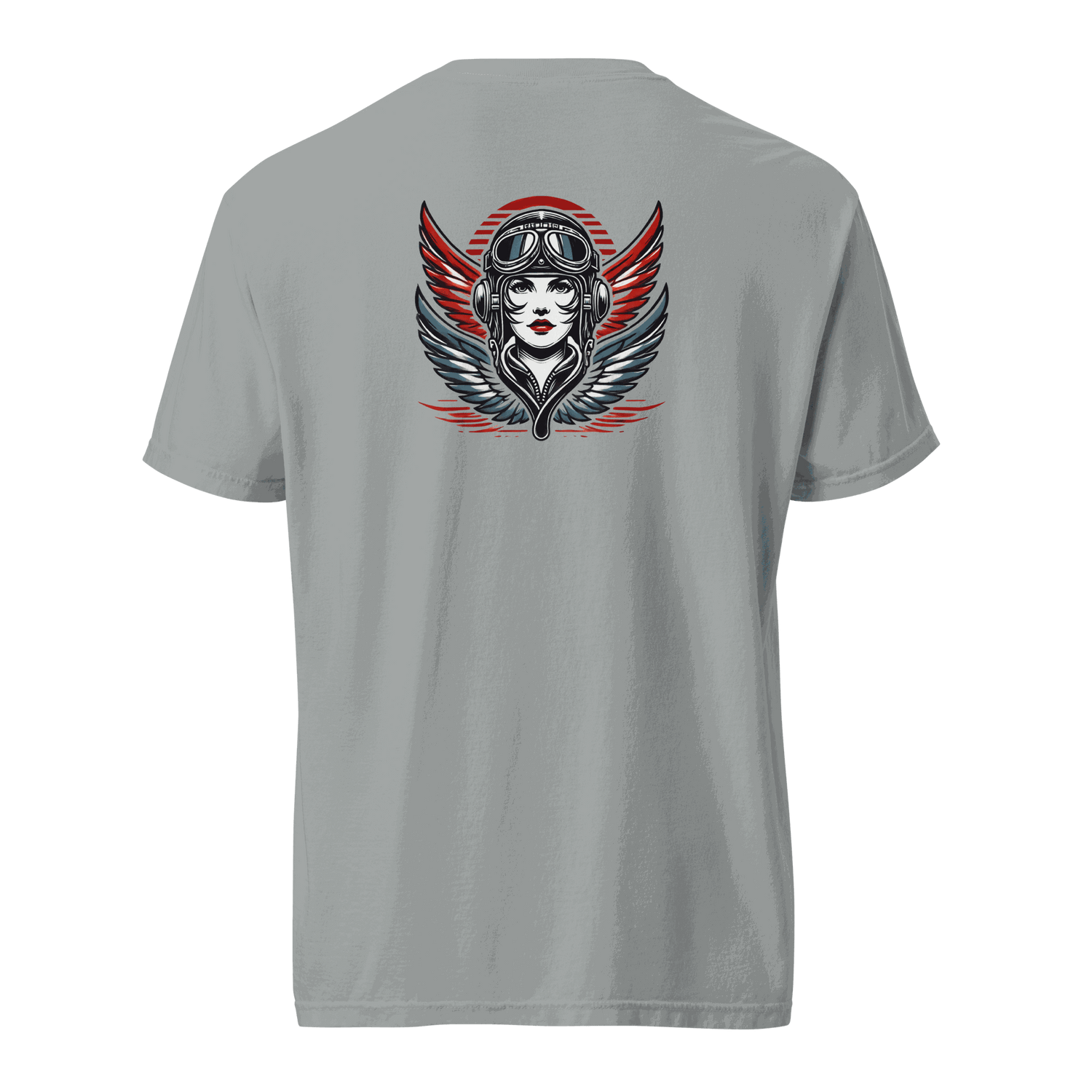 Grey t-shirt with female wings helmet graphic design on back, made of 100% ring-spun cotton, relaxed fit