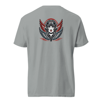 Grey t-shirt with female wings helmet graphic design on back, made of 100% ring-spun cotton, relaxed fit