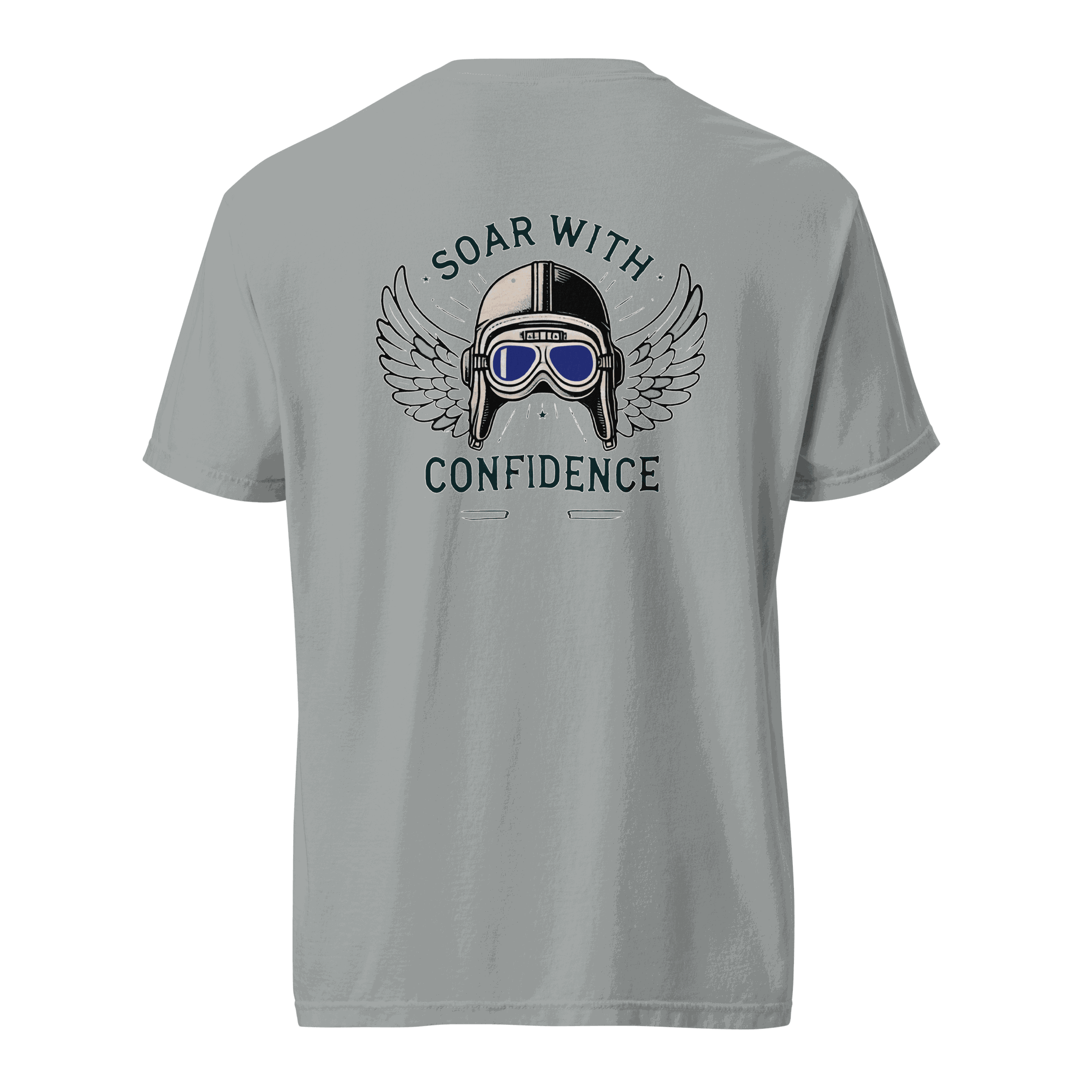 Flying machine t shirt with blue goggles and wings graphic on back, made of 100% ring-spun cotton.