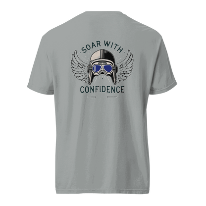 Flying machine t shirt with blue goggles and wings graphic on back, made of 100% ring-spun cotton.