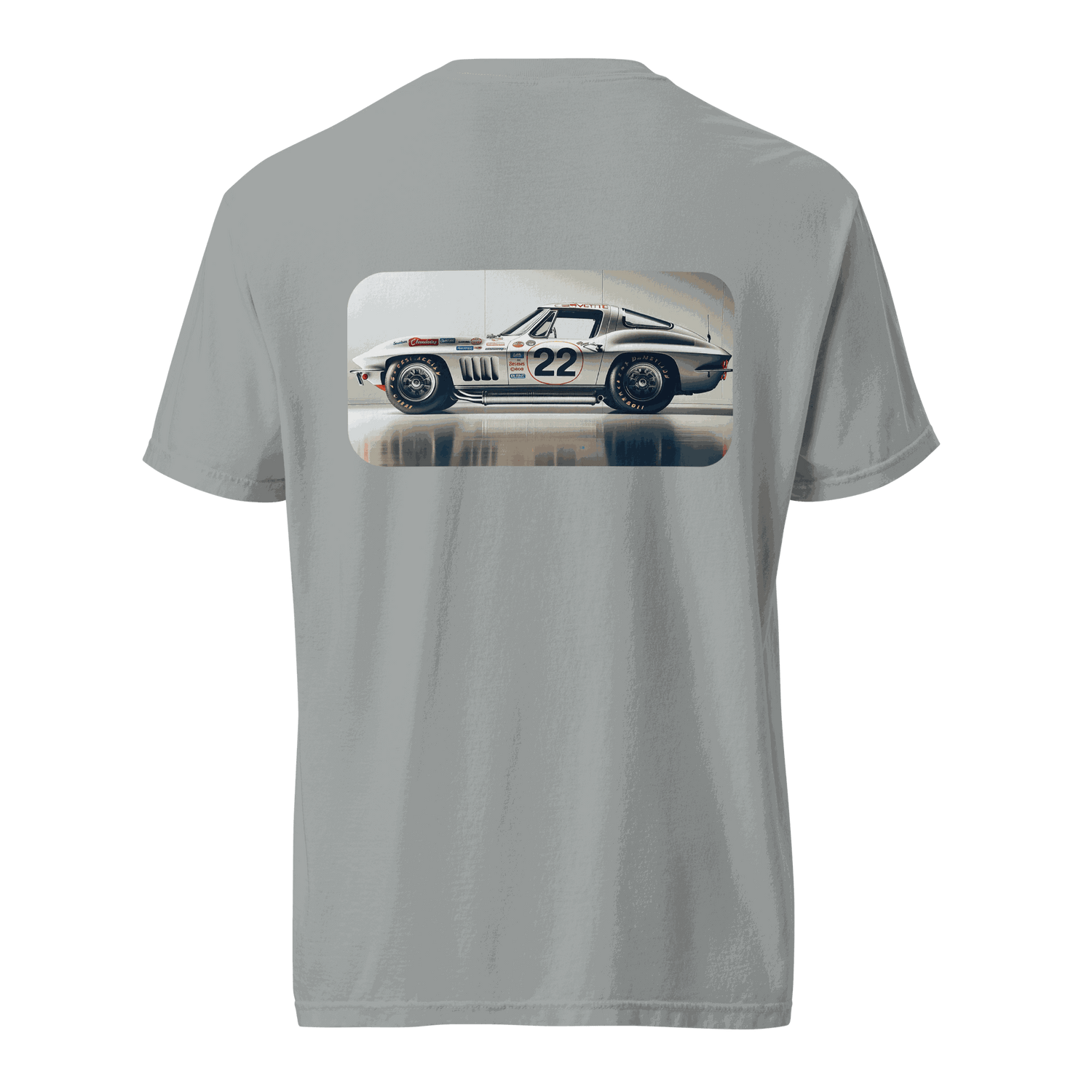 Heritage Classic Car t-shirt with vintage race car graphic on back, made of 100% ring-spun cotton, breathable and durable.
